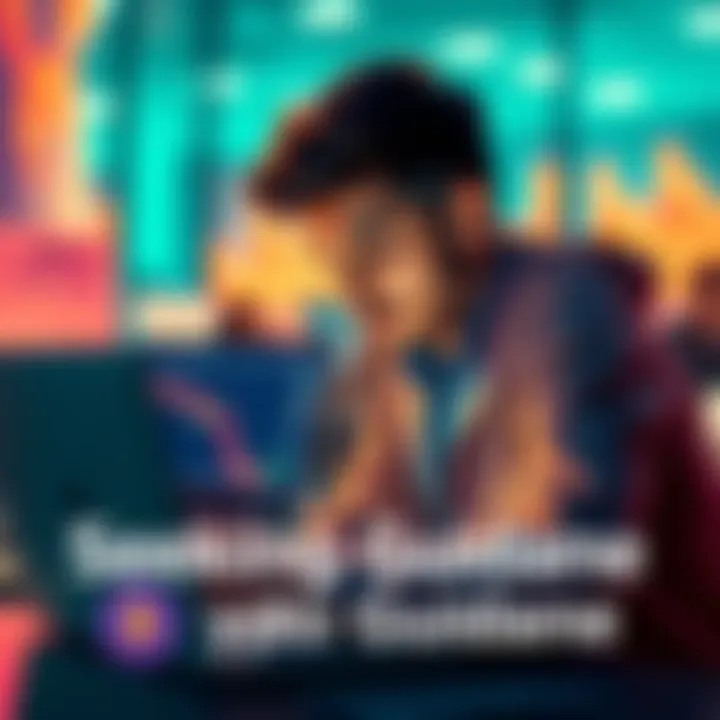 A person looking at a laptop with cryptocurrency charts, asking for help from friendly individuals