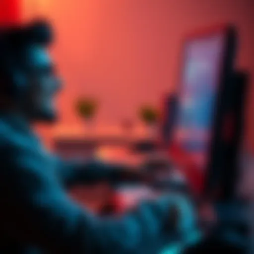 A person sitting at a computer, typing on a forum, while smiling and interacting with the screen.