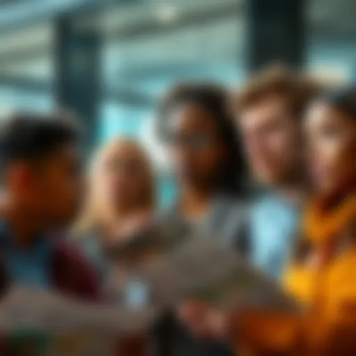 A group of diverse people discussing news articles with expressions of concern and curiosity, showcasing their engagement with current events.