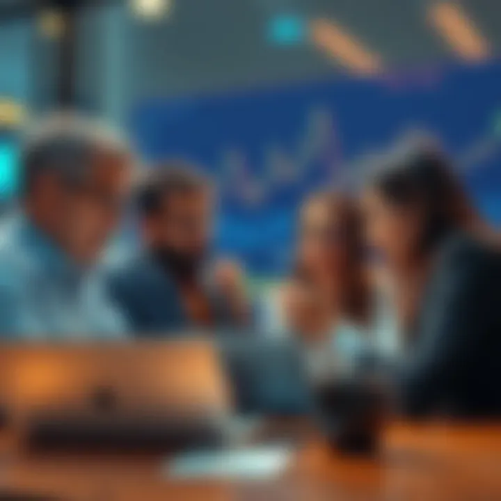 A group of people discussing financial terms and concerns about Nexo's US yield products, with charts and a laptop in the background