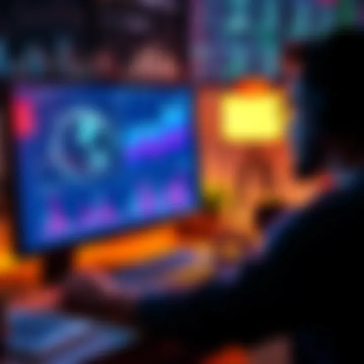 A person is analyzing digital art pieces on a computer, showcasing NFT artwork with financial graphs and charts in the background.
