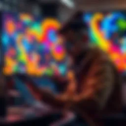 An artist creating digital art on a tablet, surrounded by colorful digital artwork on the screen.