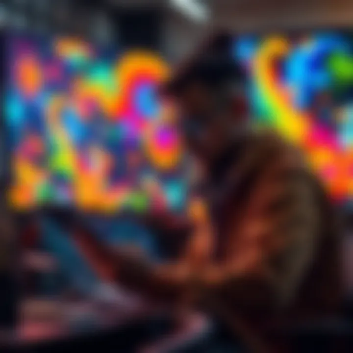 An artist creating digital art on a tablet, surrounded by colorful digital artwork on the screen.