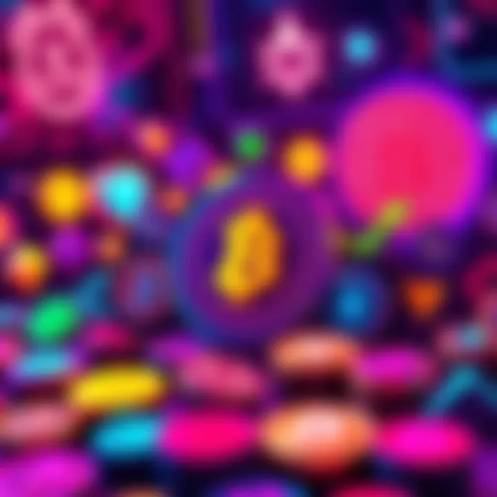 NFT Digital Art A colorful digital artwork representing non-fungible tokens, featuring unique designs and symbols associated with the NFT market.