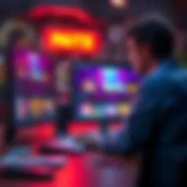 An artist reviewing NFT sales on ArtStation, with digital artwork displayed on a computer screen.