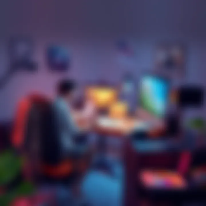 An artist sitting at a desk with a computer, creating digital art for NFTs, surrounded by sketches and digital devices.