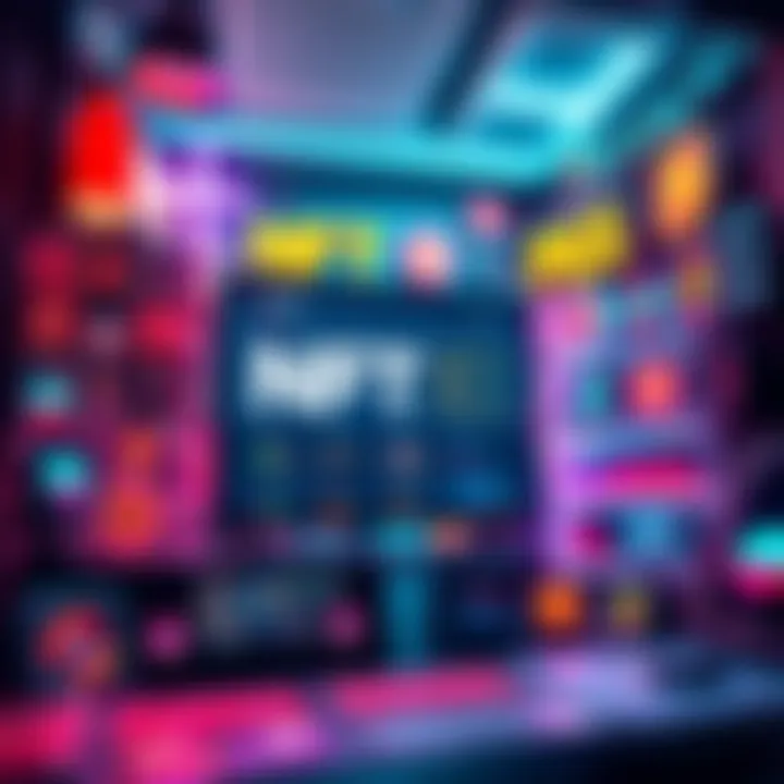 A representation of NFTs displayed on a digital marketplace with colorful graphics and icons of various digital assets.