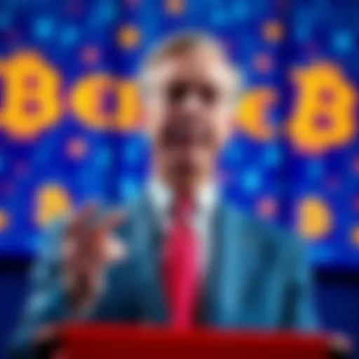 Nigel Farage gives a speech advocating for cryptocurrency deregulation in the UK, with a backdrop displaying digital currency symbols