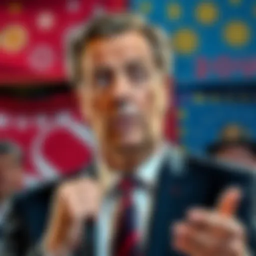 Nigel Farage giving a speech with a concerned expression, a backdrop showing cryptocurrency symbols and political banners