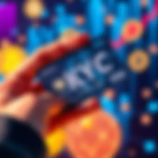 A close-up of a no KYC crypto card held in a person's hand, with digital currency symbols in the background.