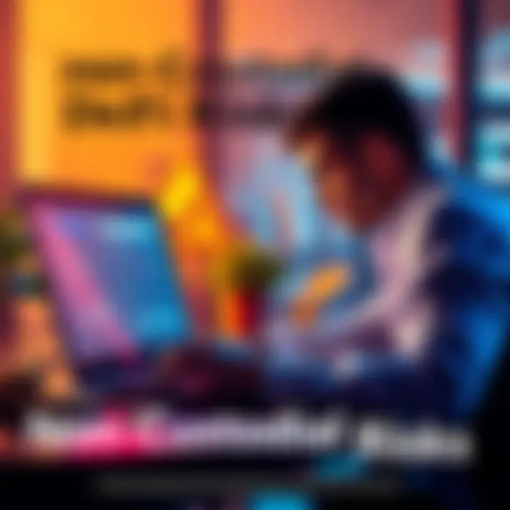 A person analyzing DeFi contracts on a laptop with coins and a warning sign in the background
