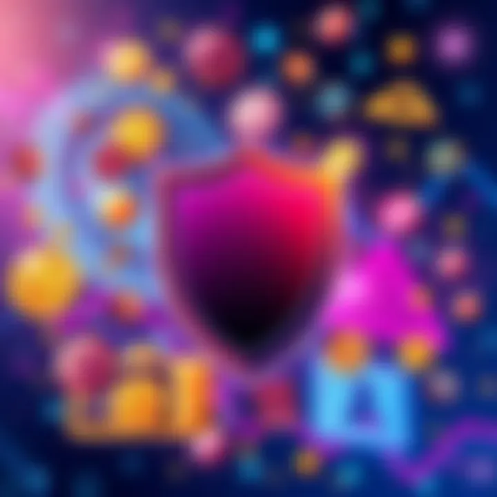 A digital illustration showing various crypto symbols with a shield representing privacy, symbolizing non-KYC exchanges.