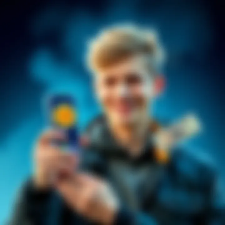 A young Norwegian man smiling while holding a smartphone displaying Bitcoin graphics and cash, symbolizing his investment success