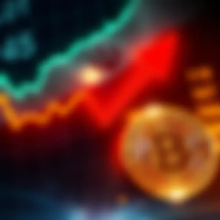 A graph showing rising oil prices with an arrow, symbolizing market reactions to political changes in Iran and a Bitcoin logo falling below a threshold, highlighting financial market concerns.