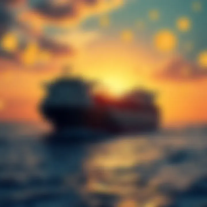 An oil tanker navigating through the Strait of Hormuz with digital currency symbols in the sky, representing a crypto toll system for maritime traffic.