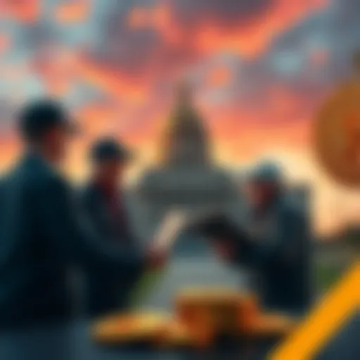 Oklahoma state workers discussing Bitcoin payments with a backdrop of the state capitol building