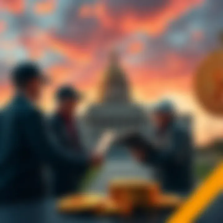 Oklahoma state workers discussing Bitcoin payments with a backdrop of the state capitol building