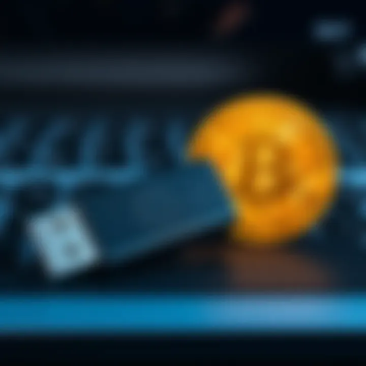 A close-up of an old USB stick next to a Bitcoin symbol on a computer desk