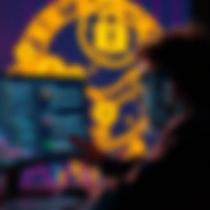 A person looking at a computer screen, intrigued by old Bitcoin wallet information, with a background of digital coins and a locked key symbol.