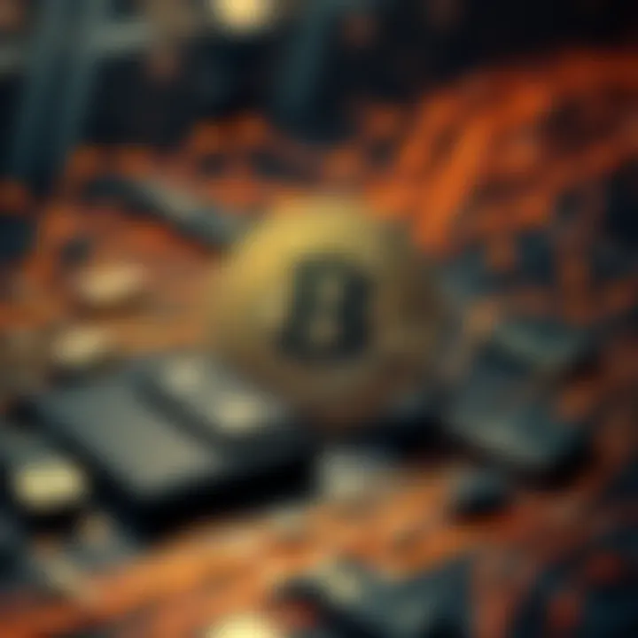 A graphic showing a Bitcoin logo with digital wallets and a partial blockchain structure in the background.