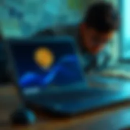 A neglected laptop with an open screen showing a bitcoin wallet interface and a person looking at it with curiosity.