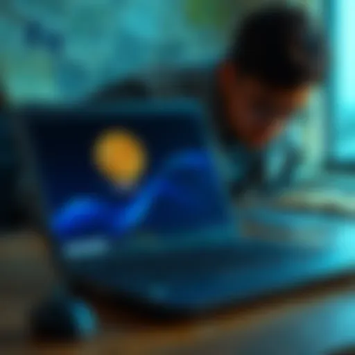 A neglected laptop with an open screen showing a bitcoin wallet interface and a person looking at it with curiosity.