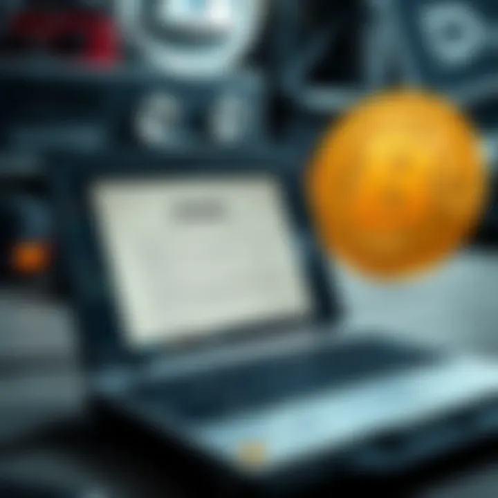 An old Toshiba laptop found in a garage, displaying a document containing a Bitcoin wallet private key, with a digital image of Bitcoin currency in the background.