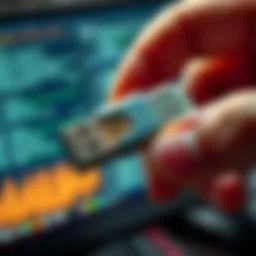 Old USB Drive Found A close-up of a hand holding an old USB drive, with a computer screen in the background showing files that could be linked to bitcoin.