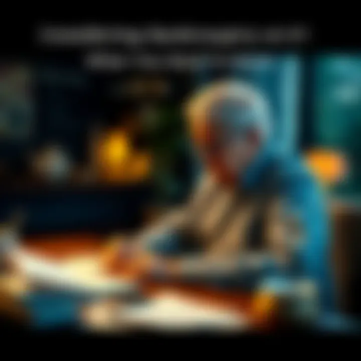 A 67-year-old person sitting at a table with bills and paperwork, looking worried about their financial situation and housing market conditions.