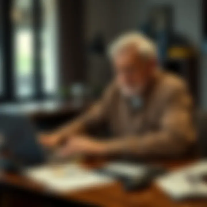 Older person looking at laptop A 71-year-old person sitting at a table, examining a laptop with a thoughtful expression, surrounded by papers related to crypto wallets.