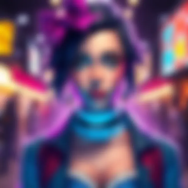 A close-up of Olga showing her unique features and stylish outfit in a vibrant setting.