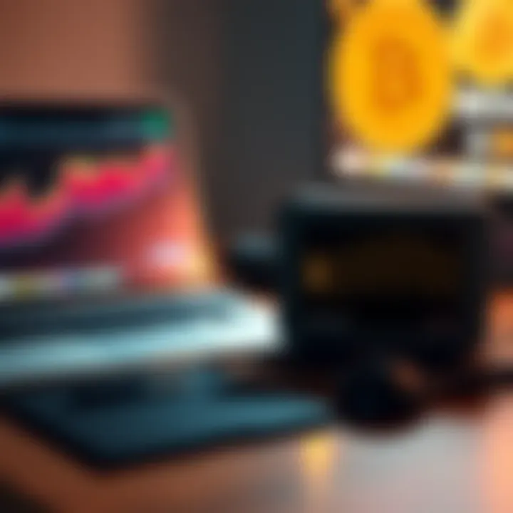 One Shot Bitcoin Miner on Desk A One Shot bitcoin miner device placed on a desk with a laptop and bitcoin graphics in the background