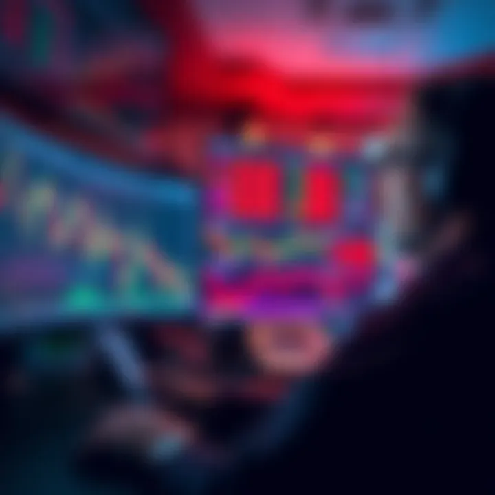 A trader studies stock charts on multiple screens in a dimly lit room, contemplating strategies for 24-hour trading.