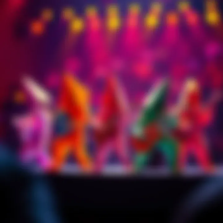 A colorful group of eight origami-style musicians playing instruments at a vibrant rock concert
