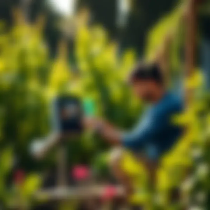 Outdoor Hotspot Setup A person adjusting an outdoor hotspot device in a garden setting, surrounded by greenery and sunlight, showcasing an active internet connection.