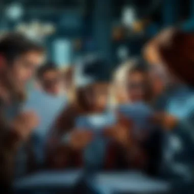 A group of confused people looking at various survey forms, showing signs of frustration and caution.