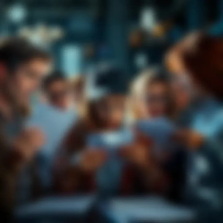 A group of confused people looking at various survey forms, showing signs of frustration and caution.