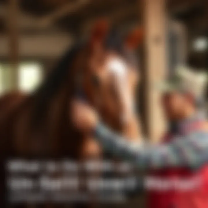 A horse owner gently grooming a horse in a stable, focusing on the bond and care between them, highlighting compassion in challenging times.