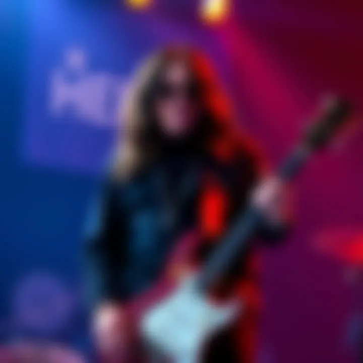 Ozzy Osbourne stands with a guitar, expressing his love for Hedera Hashgraph, a symbol of music and technology connection.