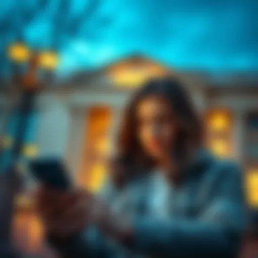 A worried UK seller checking their phone for updates on a P2P transaction, with a bank building in the background, illustrating the tension of incomplete funds transfer.