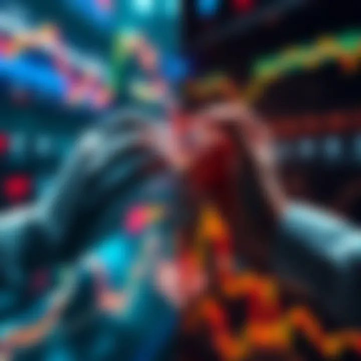 A split image showing two types of cryptocurrency traders: one panicking and selling assets, representing paper hands, and another calmly holding assets, representing diamond hands, in a fluctuating m...