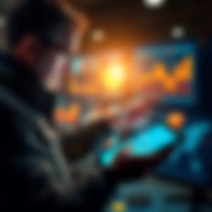 A strategic planner analyzing data and charts on a digital device, representing optimization in parcel investments and badge management.