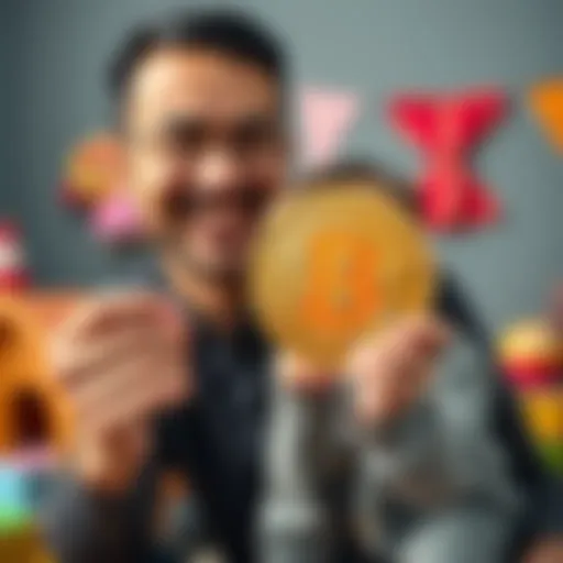 Parent holding Bitcoin symbol for toddler's future savings A parent smiles while holding a Bitcoin symbol, representing their investment for their young child's savings. The background shows playful elements suitable for a toddler.