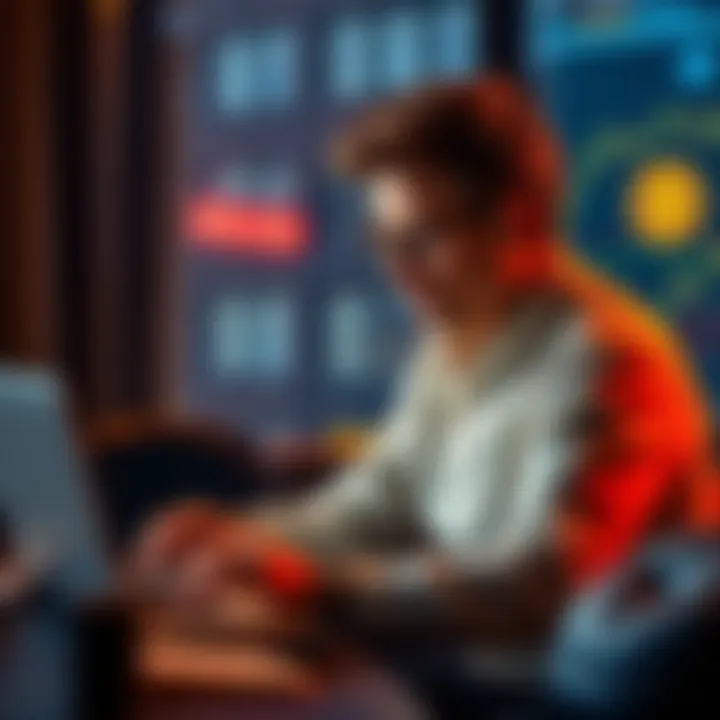 A parent looking at Bitcoin graphs on a laptop while considering college funding for their child