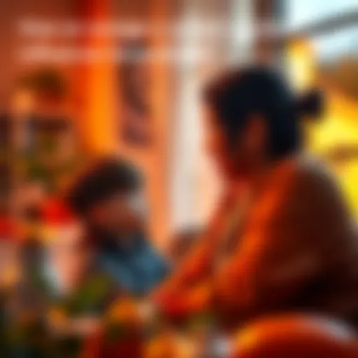 A parent and child having a thoughtful conversation about values and beliefs, surrounded by warm colors and a cozy setting.