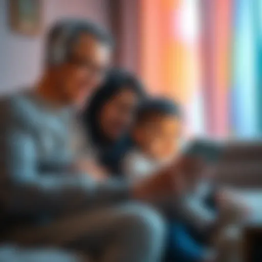 A mother and father engage with their child using MOON technology devices, showing a family enjoying quality time together.