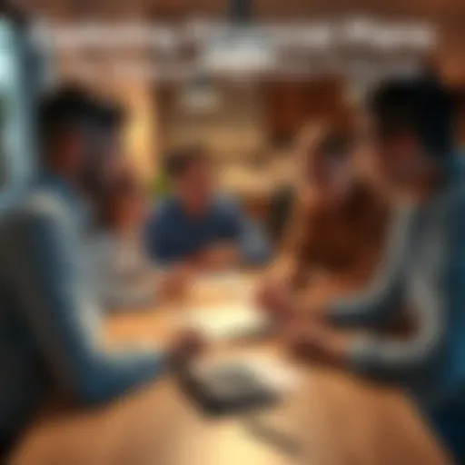 A family sitting around a table discussing strategies for their children's future finances, with papers and a calculator in front of them