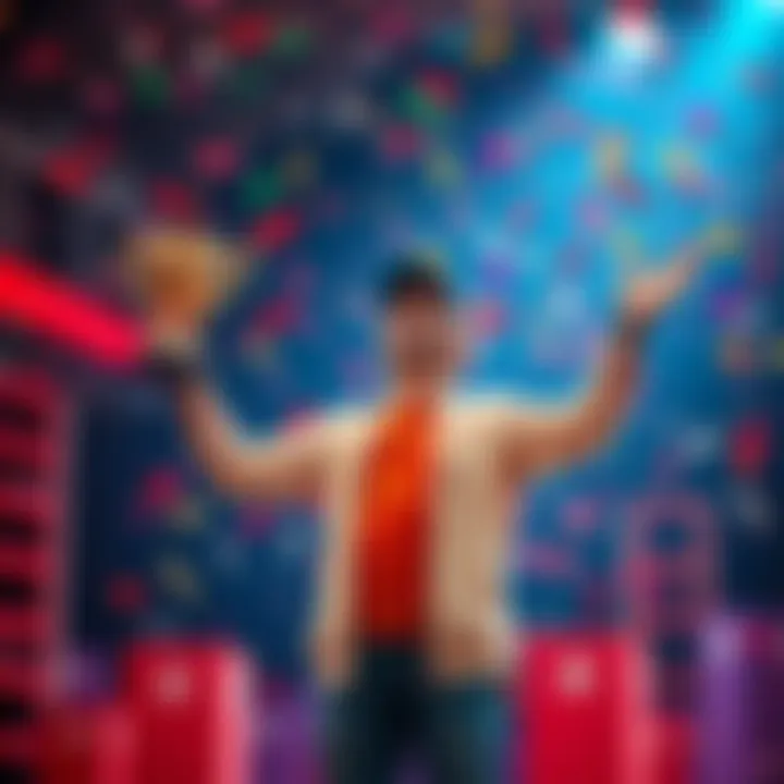 A happy participant stands with a trophy and confetti after achieving success in the Premium Rewards Ladder challenge, showcasing their excitement and surprise.