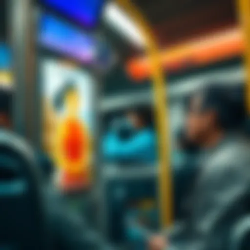 A frustrated bus passenger looking at an inappropriate advertisement while commuting.
