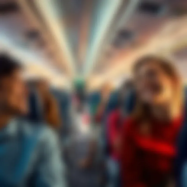 Group of passengers on an airplane laughing and looking at a strange sighting